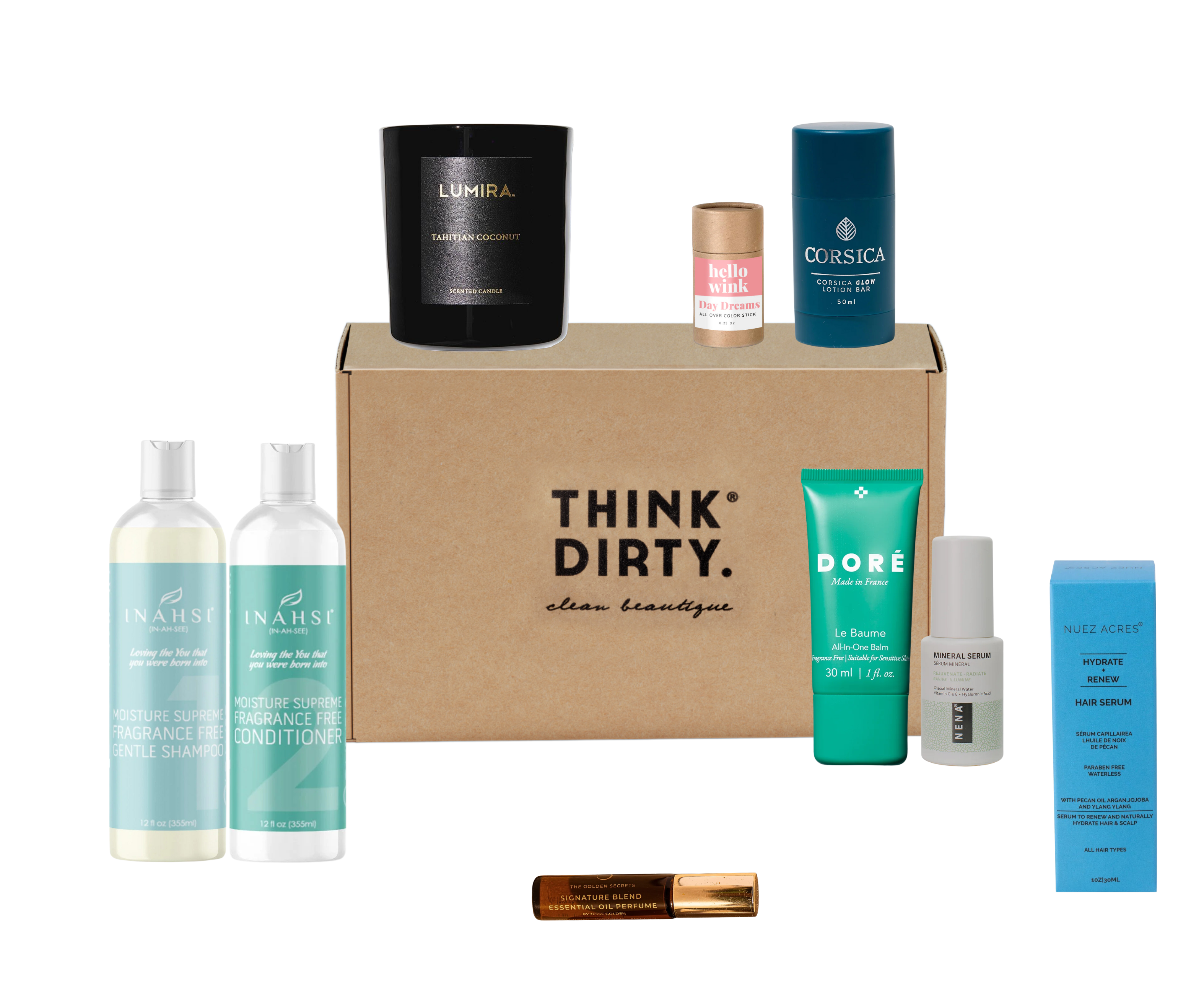 May 2025 Think Dirty beauty box featuring clean skincare, hair care, and fragrance products on a white background.
