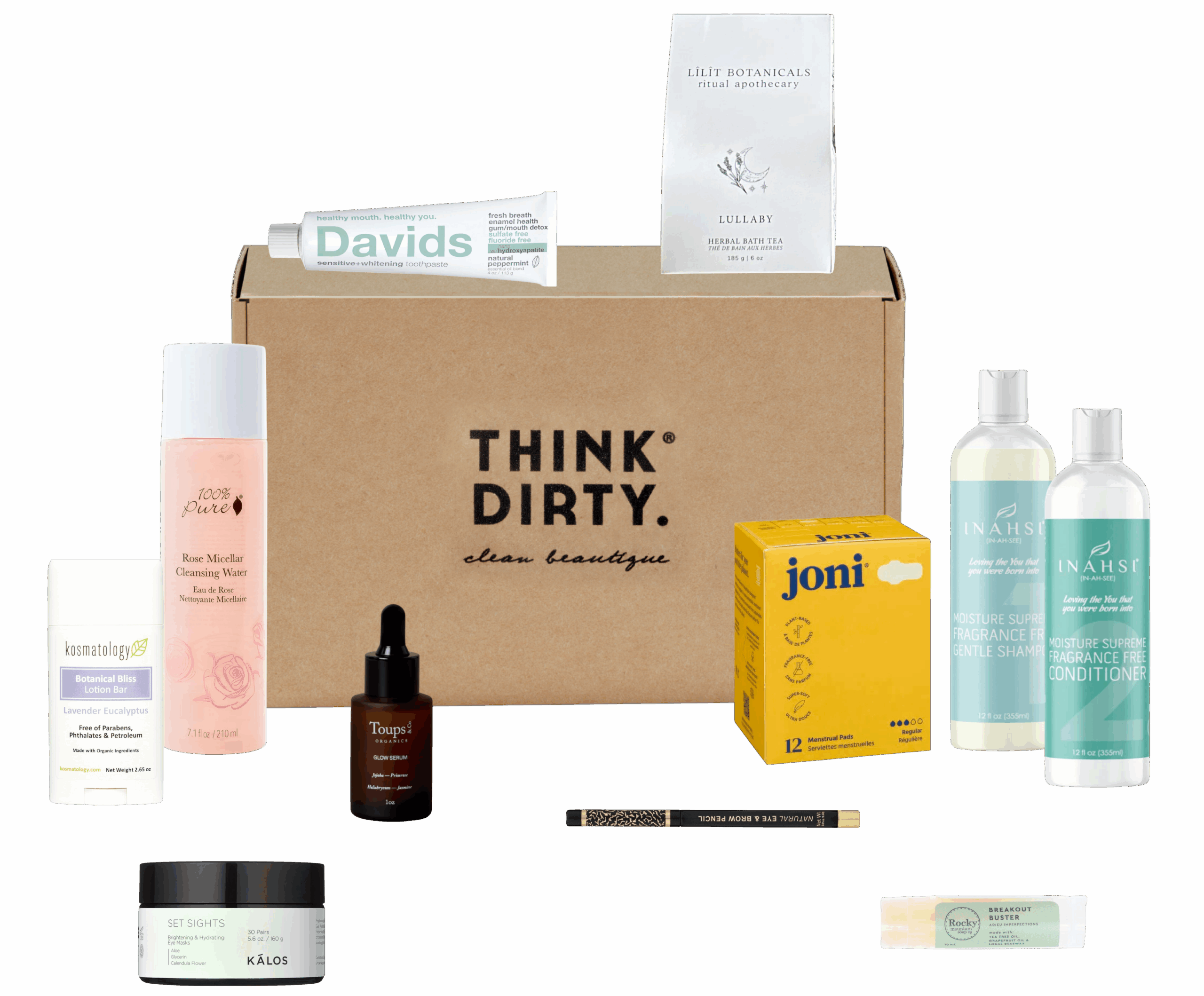 A flat lay of the Think Dirty June 2025 Beauty Box with clean beauty products including balm, serum, aura spray, period care, and a reusable cleansing mitt.