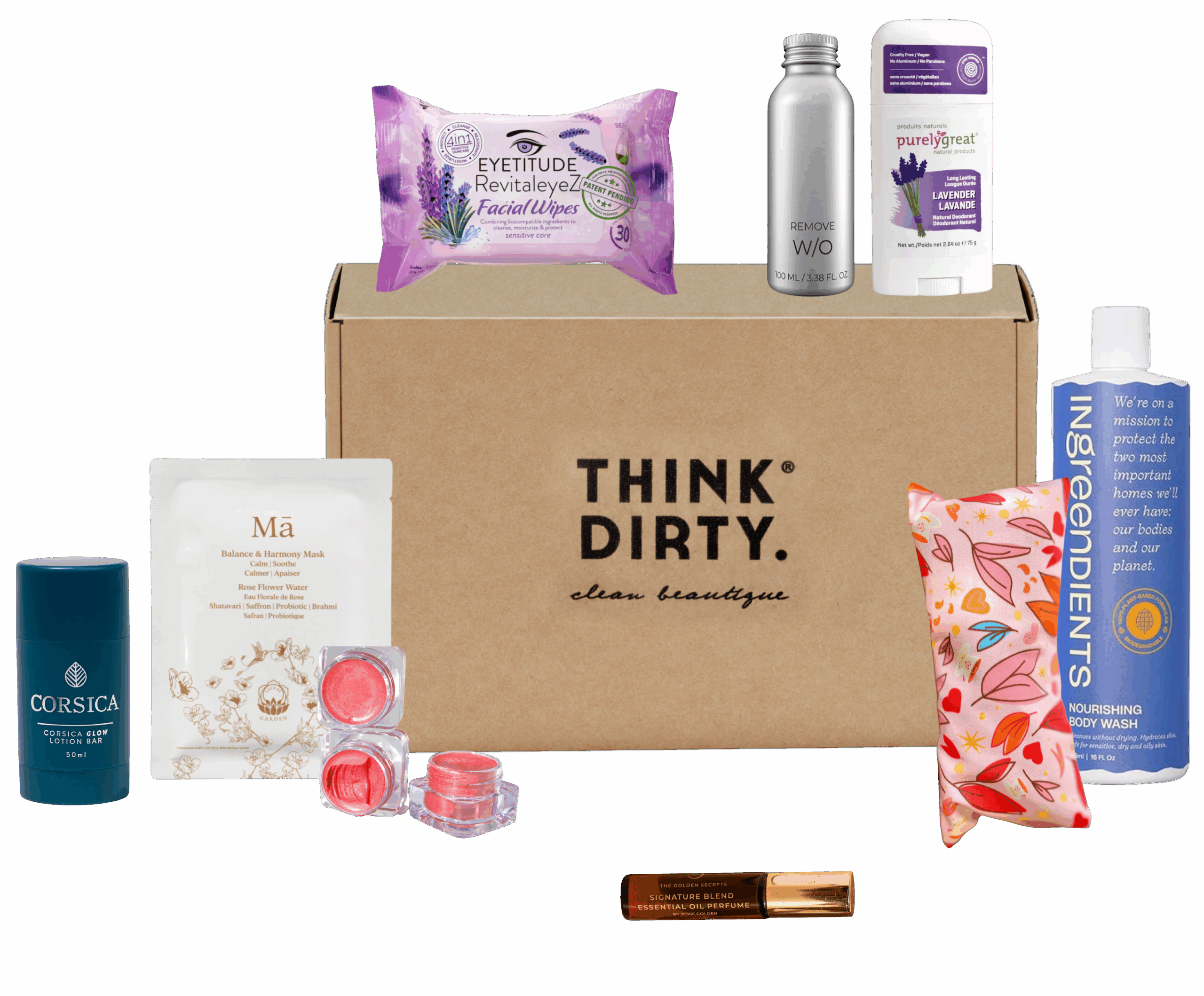 A flat lay of the Think Dirty June 2025 Beauty Box with clean beauty products including balm, serum, aura spray, period care, and a reusable cleansing mitt.